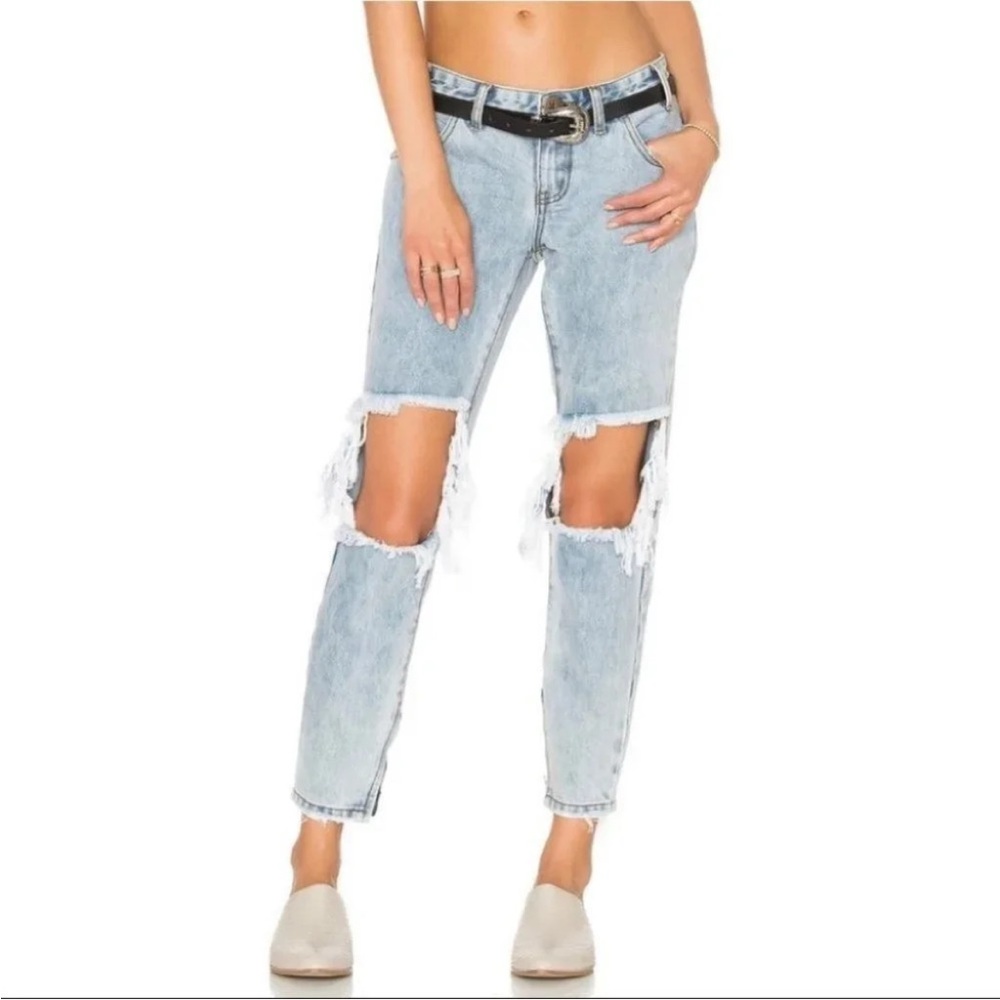 Revolve One Teaspoon Freebird Skinny Jeans Straight Leg distressed light wash 28